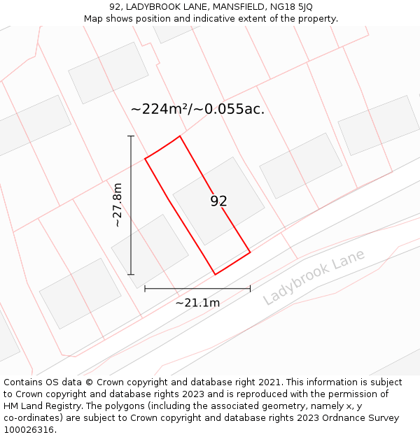 92, LADYBROOK LANE, MANSFIELD, NG18 5JQ: Plot and title map