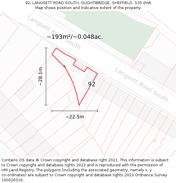92, LANGSETT ROAD SOUTH, OUGHTIBRIDGE, SHEFFIELD, S35 0HA: Plot and title map