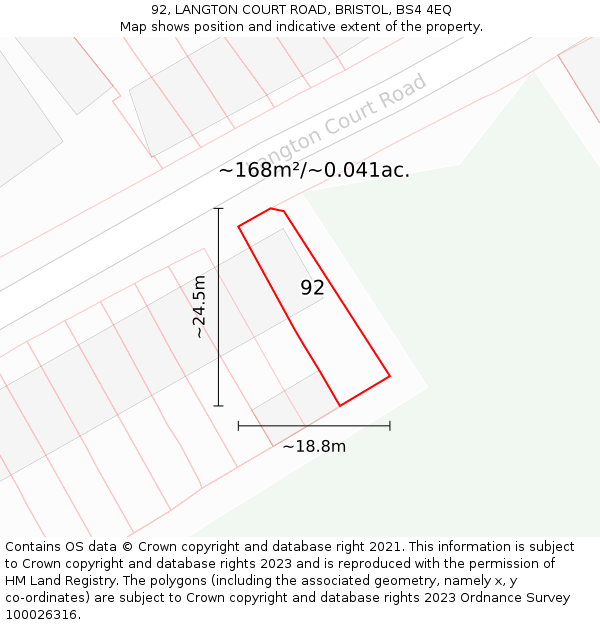 92, LANGTON COURT ROAD, BRISTOL, BS4 4EQ: Plot and title map