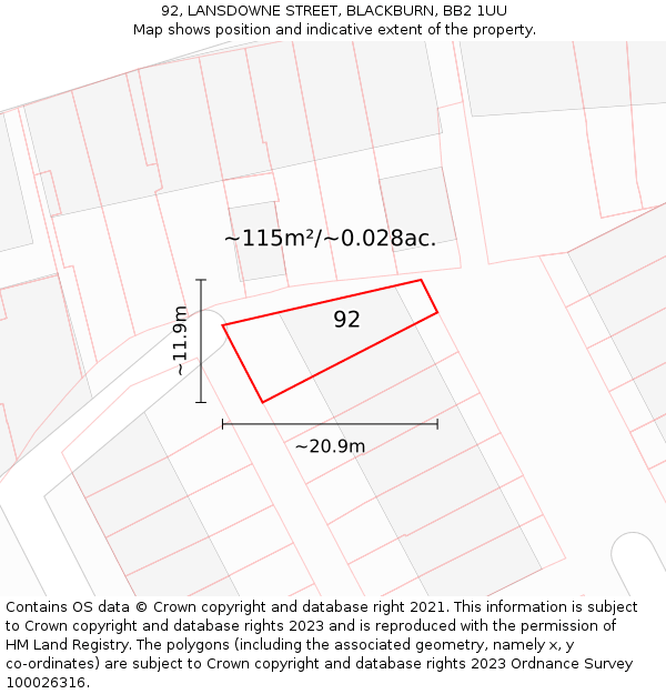 92, LANSDOWNE STREET, BLACKBURN, BB2 1UU: Plot and title map