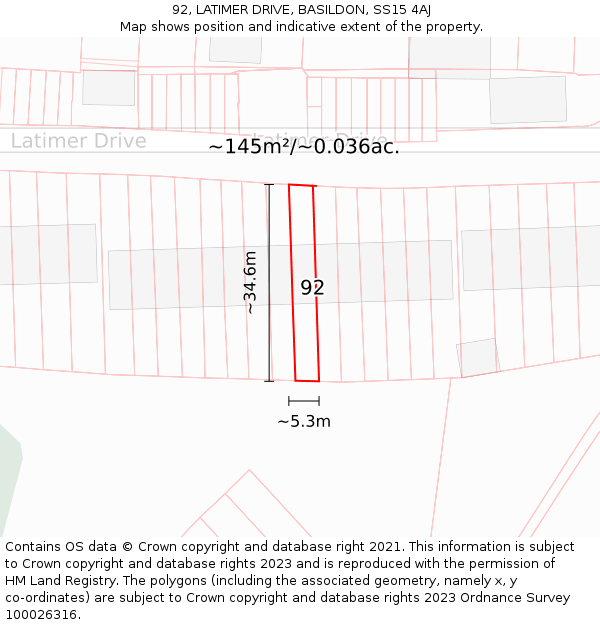 92, LATIMER DRIVE, BASILDON, SS15 4AJ: Plot and title map