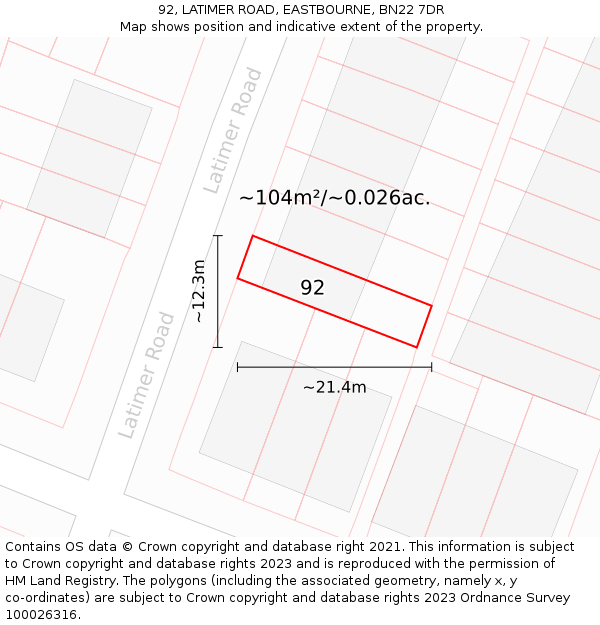 92, LATIMER ROAD, EASTBOURNE, BN22 7DR: Plot and title map