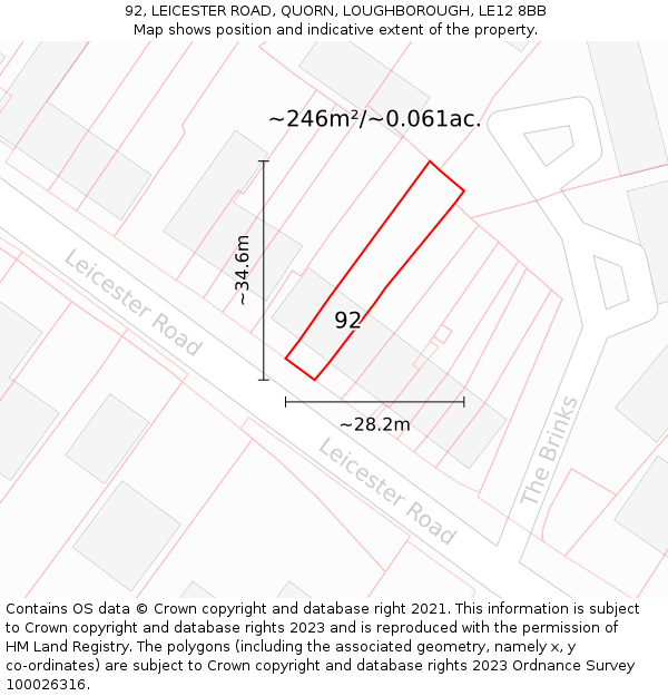 92, LEICESTER ROAD, QUORN, LOUGHBOROUGH, LE12 8BB: Plot and title map