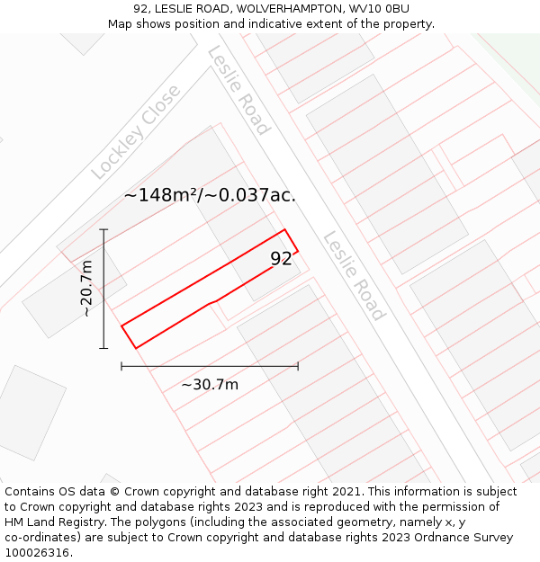 92, LESLIE ROAD, WOLVERHAMPTON, WV10 0BU: Plot and title map
