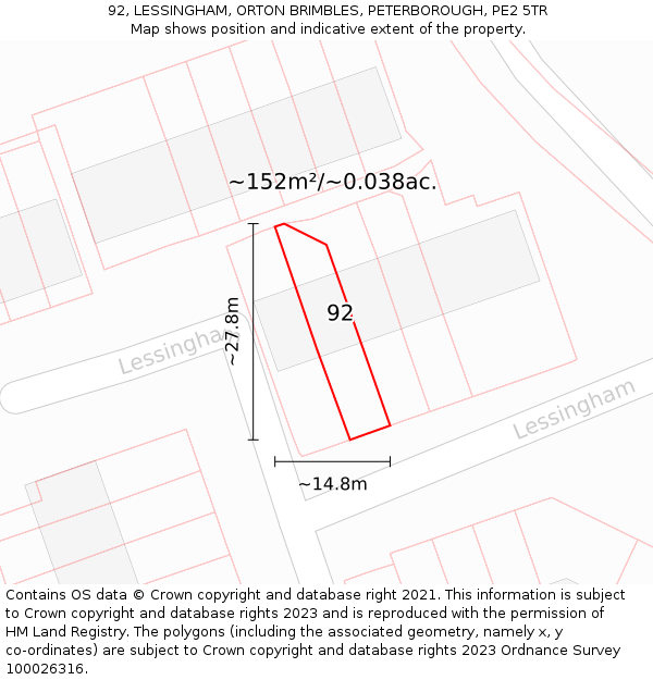 92, LESSINGHAM, ORTON BRIMBLES, PETERBOROUGH, PE2 5TR: Plot and title map