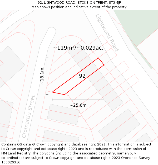 92, LIGHTWOOD ROAD, STOKE-ON-TRENT, ST3 4JF: Plot and title map