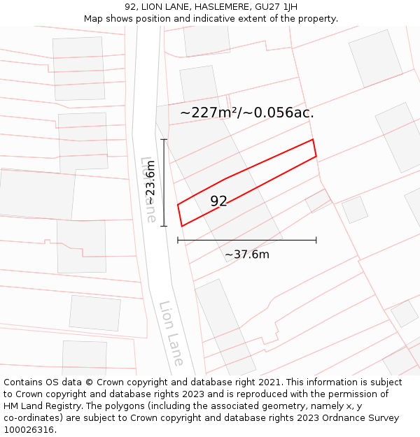92, LION LANE, HASLEMERE, GU27 1JH: Plot and title map