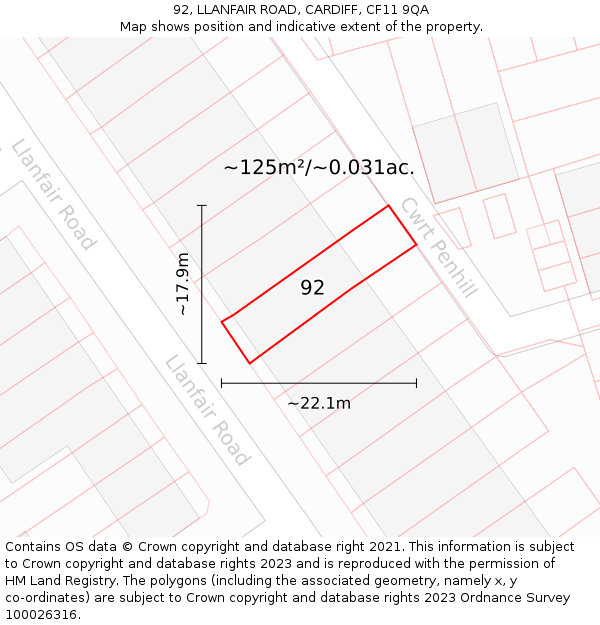 92, LLANFAIR ROAD, CARDIFF, CF11 9QA: Plot and title map
