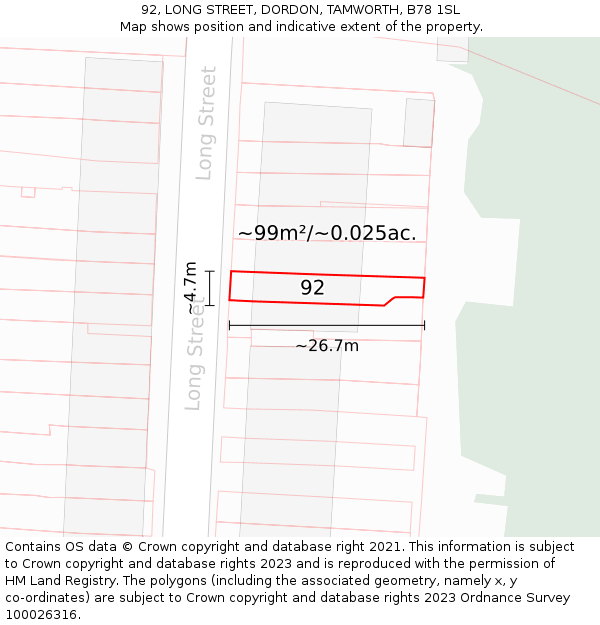 92, LONG STREET, DORDON, TAMWORTH, B78 1SL: Plot and title map