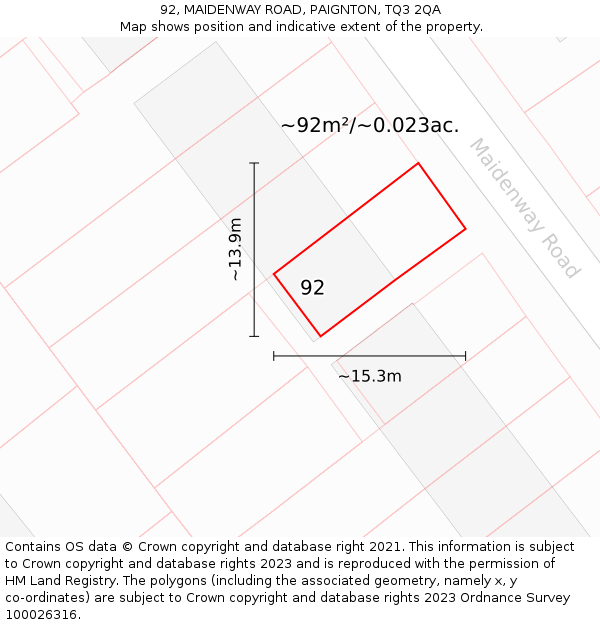 92, MAIDENWAY ROAD, PAIGNTON, TQ3 2QA: Plot and title map