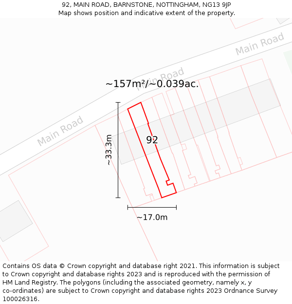 92, MAIN ROAD, BARNSTONE, NOTTINGHAM, NG13 9JP: Plot and title map