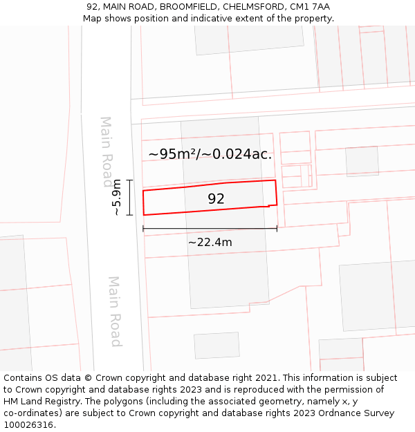 92, MAIN ROAD, BROOMFIELD, CHELMSFORD, CM1 7AA: Plot and title map