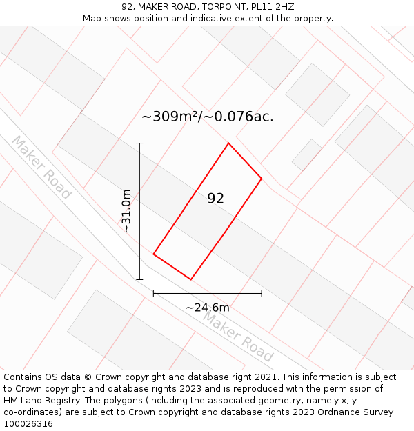 92, MAKER ROAD, TORPOINT, PL11 2HZ: Plot and title map