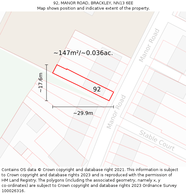 92, MANOR ROAD, BRACKLEY, NN13 6EE: Plot and title map