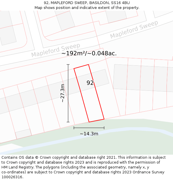 92, MAPLEFORD SWEEP, BASILDON, SS16 4BU: Plot and title map