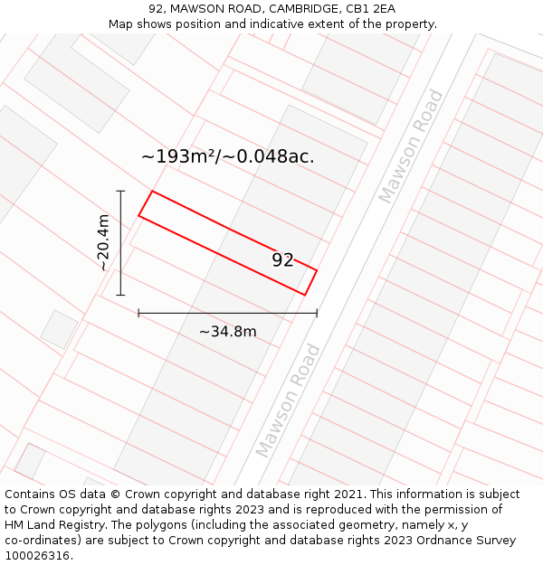 92, MAWSON ROAD, CAMBRIDGE, CB1 2EA: Plot and title map