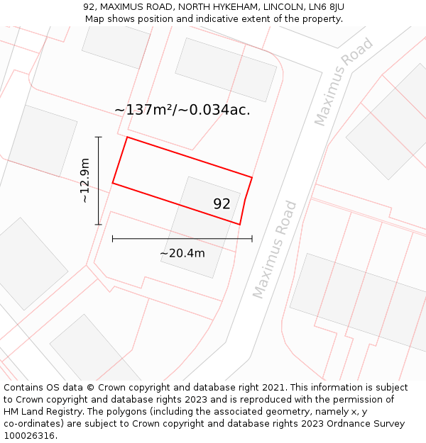 92, MAXIMUS ROAD, NORTH HYKEHAM, LINCOLN, LN6 8JU: Plot and title map