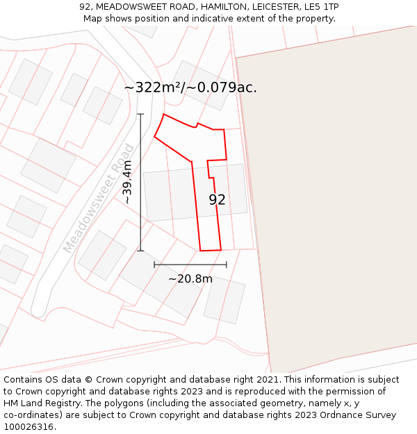 92, MEADOWSWEET ROAD, HAMILTON, LEICESTER, LE5 1TP: Plot and title map