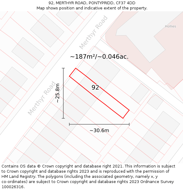 92, MERTHYR ROAD, PONTYPRIDD, CF37 4DD: Plot and title map