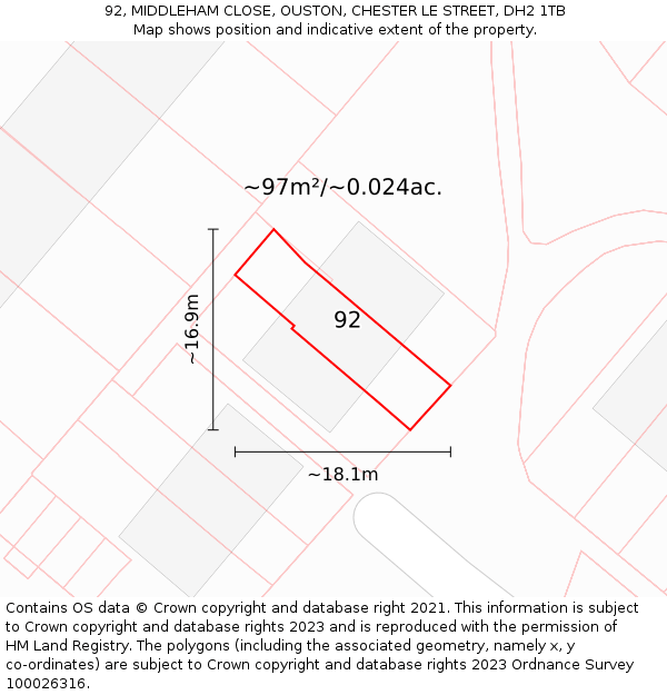 92, MIDDLEHAM CLOSE, OUSTON, CHESTER LE STREET, DH2 1TB: Plot and title map