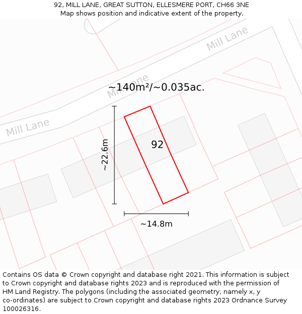 92, MILL LANE, GREAT SUTTON, ELLESMERE PORT, CH66 3NE: Plot and title map