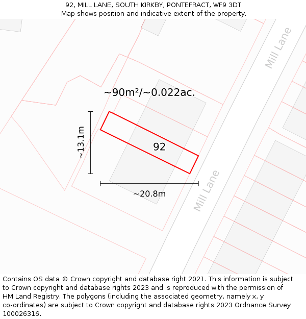 92, MILL LANE, SOUTH KIRKBY, PONTEFRACT, WF9 3DT: Plot and title map