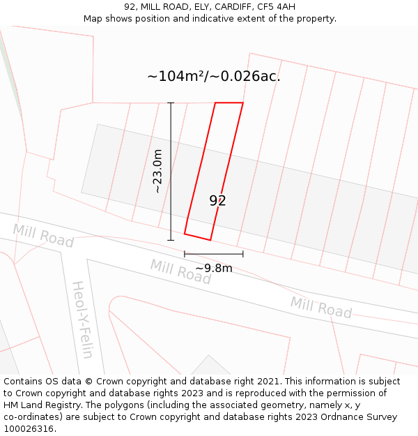 92, MILL ROAD, ELY, CARDIFF, CF5 4AH: Plot and title map