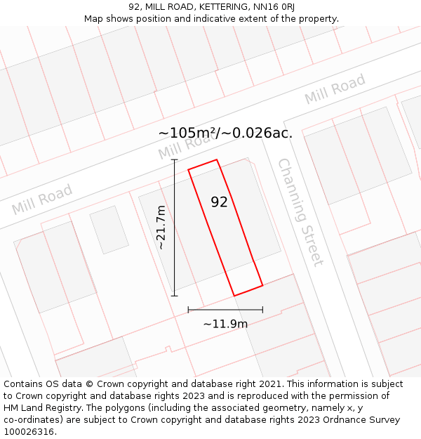 92, MILL ROAD, KETTERING, NN16 0RJ: Plot and title map