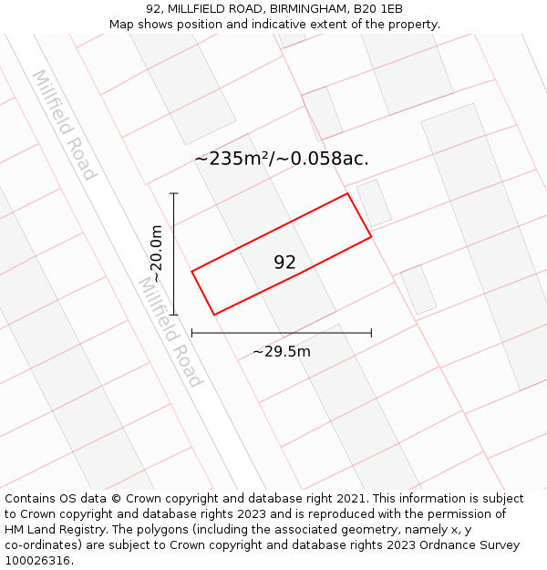 92, MILLFIELD ROAD, BIRMINGHAM, B20 1EB: Plot and title map