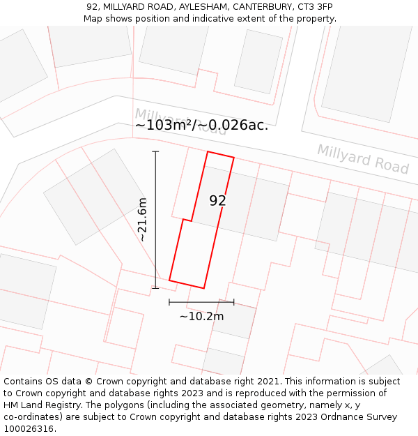 92, MILLYARD ROAD, AYLESHAM, CANTERBURY, CT3 3FP: Plot and title map
