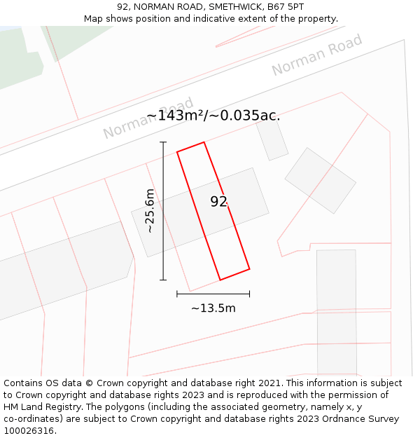 92, NORMAN ROAD, SMETHWICK, B67 5PT: Plot and title map