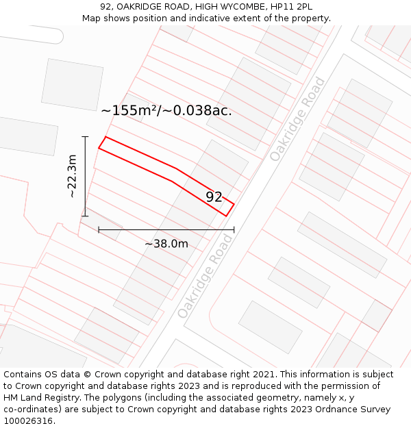 92, OAKRIDGE ROAD, HIGH WYCOMBE, HP11 2PL: Plot and title map