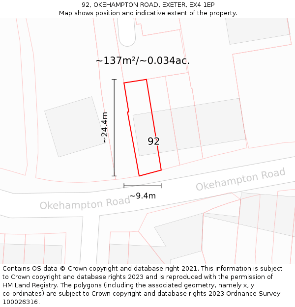 92, OKEHAMPTON ROAD, EXETER, EX4 1EP: Plot and title map