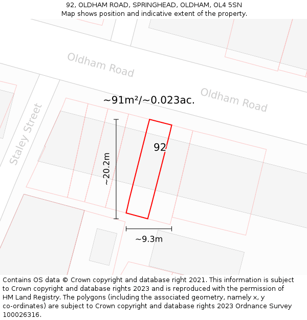 92, OLDHAM ROAD, SPRINGHEAD, OLDHAM, OL4 5SN: Plot and title map