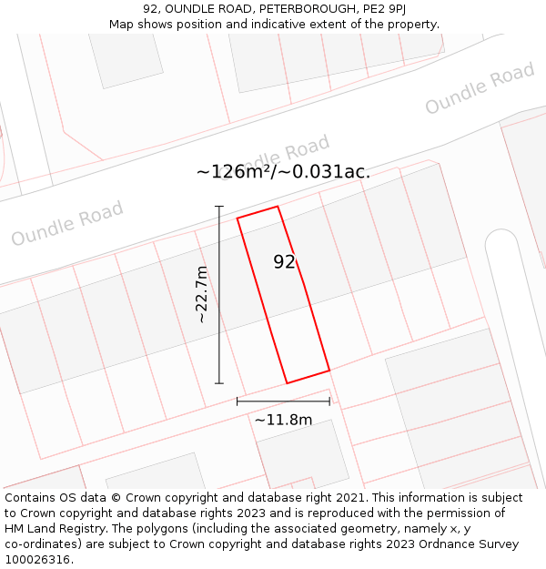 92, OUNDLE ROAD, PETERBOROUGH, PE2 9PJ: Plot and title map