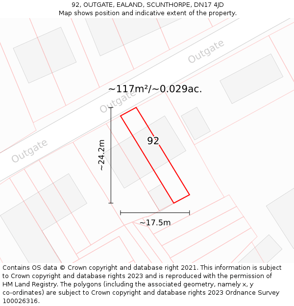92, OUTGATE, EALAND, SCUNTHORPE, DN17 4JD: Plot and title map