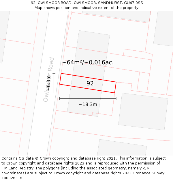 92, OWLSMOOR ROAD, OWLSMOOR, SANDHURST, GU47 0SS: Plot and title map