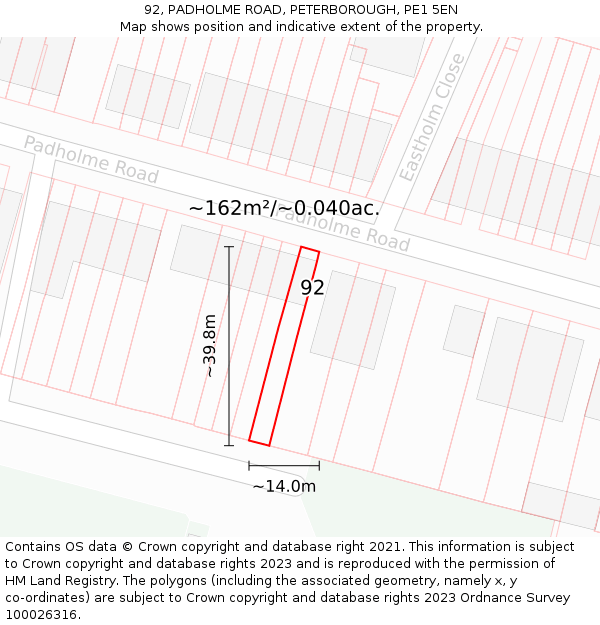 92, PADHOLME ROAD, PETERBOROUGH, PE1 5EN: Plot and title map