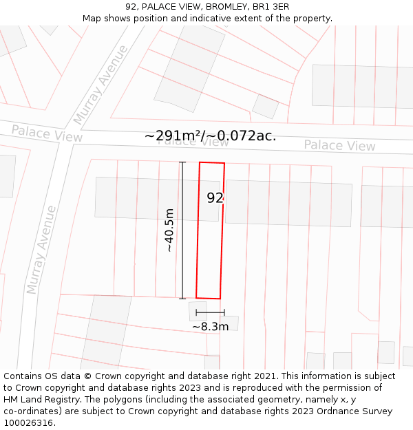 92, PALACE VIEW, BROMLEY, BR1 3ER: Plot and title map
