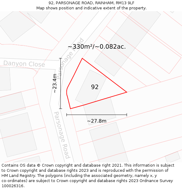 92, PARSONAGE ROAD, RAINHAM, RM13 9LF: Plot and title map