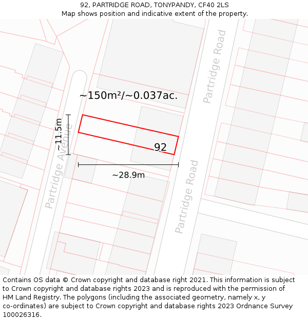 92, PARTRIDGE ROAD, TONYPANDY, CF40 2LS: Plot and title map