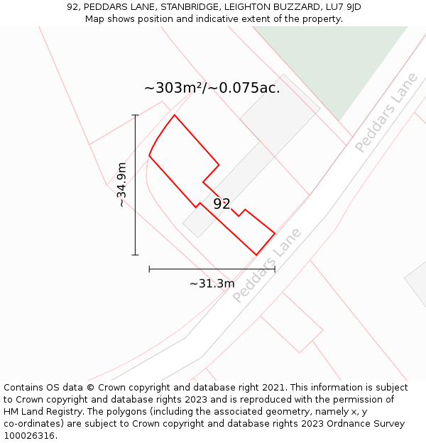 92, PEDDARS LANE, STANBRIDGE, LEIGHTON BUZZARD, LU7 9JD: Plot and title map