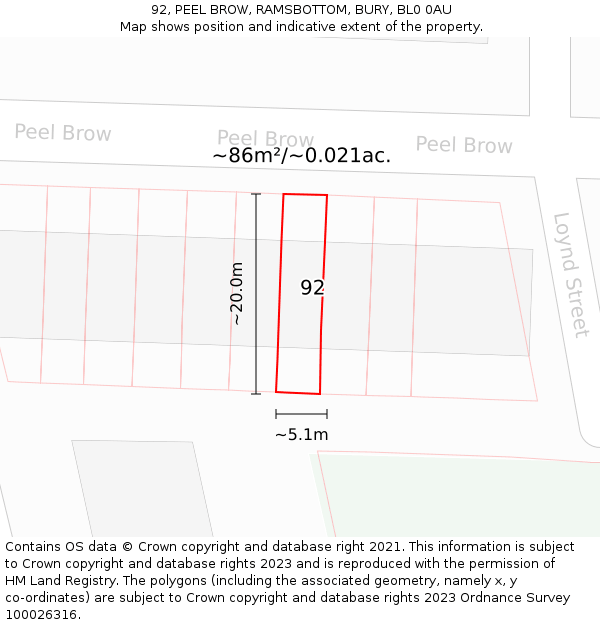 92, PEEL BROW, RAMSBOTTOM, BURY, BL0 0AU: Plot and title map