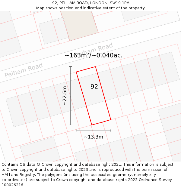 92, PELHAM ROAD, LONDON, SW19 1PA: Plot and title map