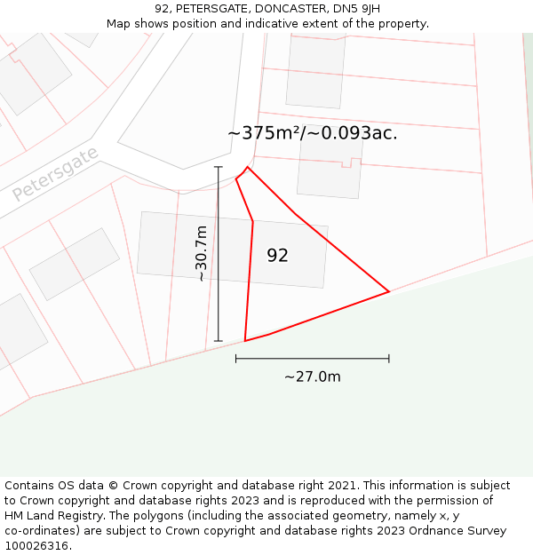 92, PETERSGATE, DONCASTER, DN5 9JH: Plot and title map