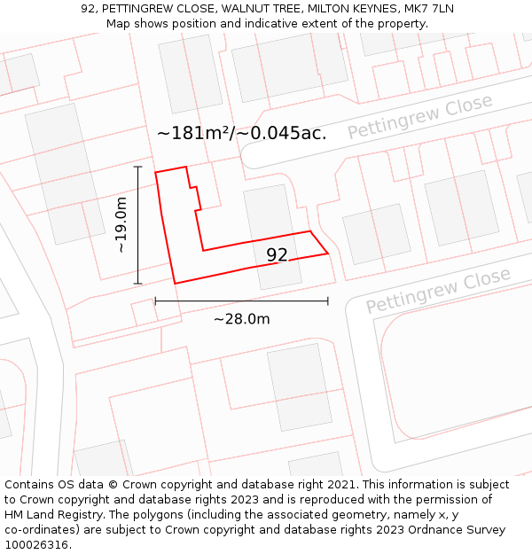 92, PETTINGREW CLOSE, WALNUT TREE, MILTON KEYNES, MK7 7LN: Plot and title map