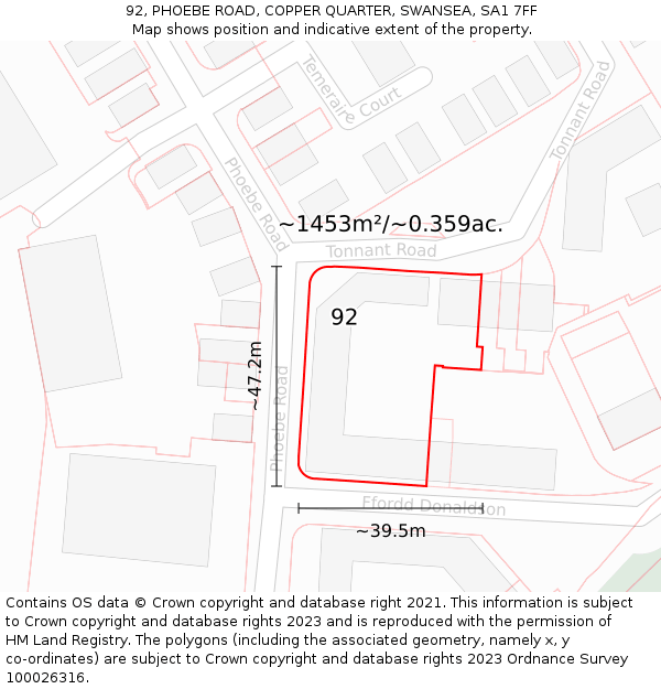 92, PHOEBE ROAD, COPPER QUARTER, SWANSEA, SA1 7FF: Plot and title map