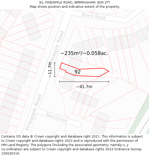 92, PINEAPPLE ROAD, BIRMINGHAM, B30 2TT: Plot and title map
