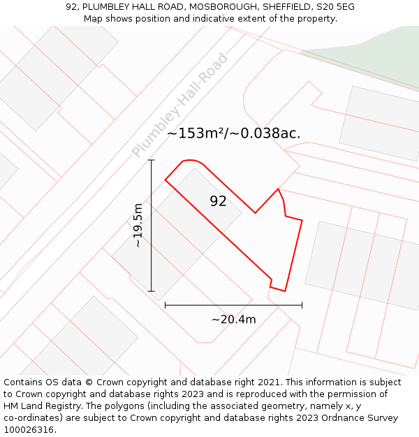 92, PLUMBLEY HALL ROAD, MOSBOROUGH, SHEFFIELD, S20 5EG: Plot and title map
