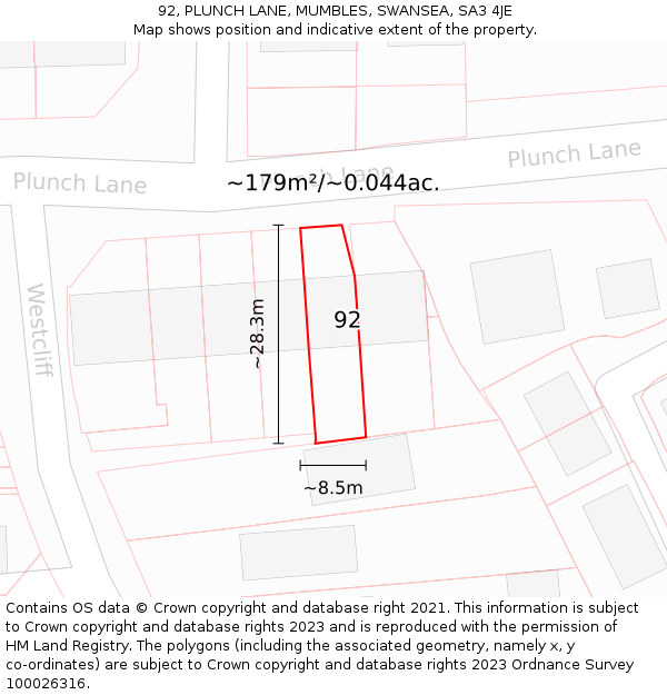 92, PLUNCH LANE, MUMBLES, SWANSEA, SA3 4JE: Plot and title map